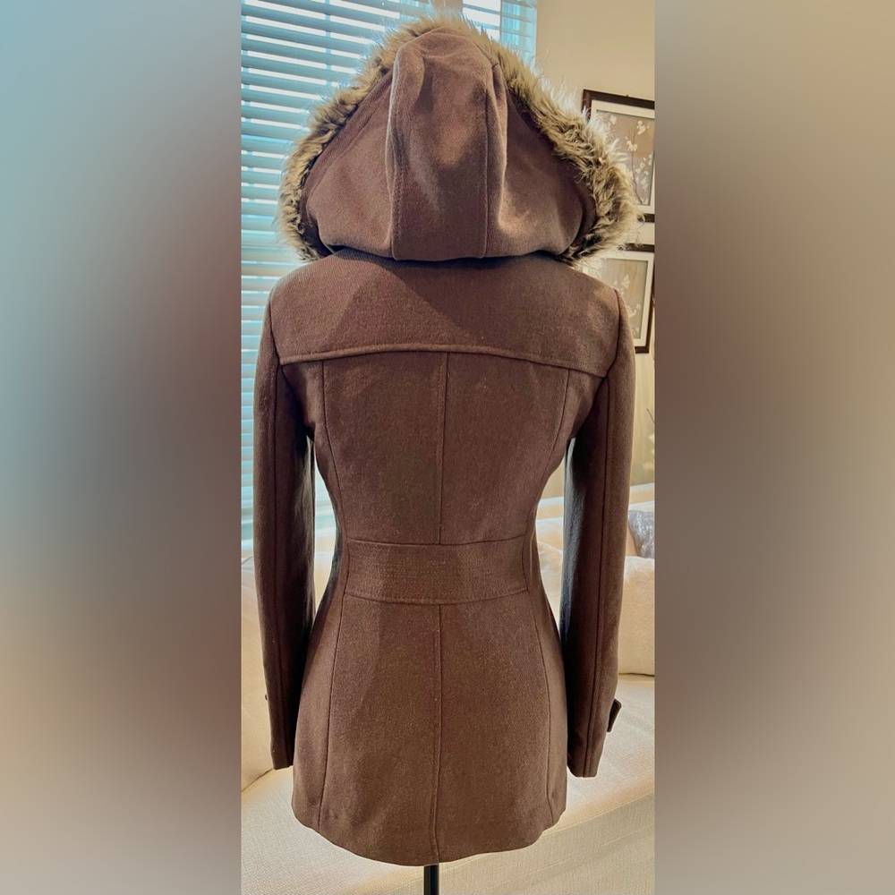 Kenneth Cole Wool Blend Pea Coat Faux Fur Lined Detachable Hood Button Zipper - Picture 2 of 15